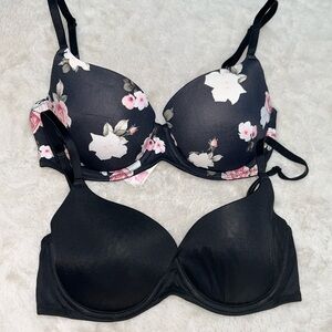 Black Floral and Solid Black Push-Up Bras - Women Intimates